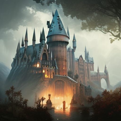 Detailed Hogwarts Scene in Dark Fantasy Style