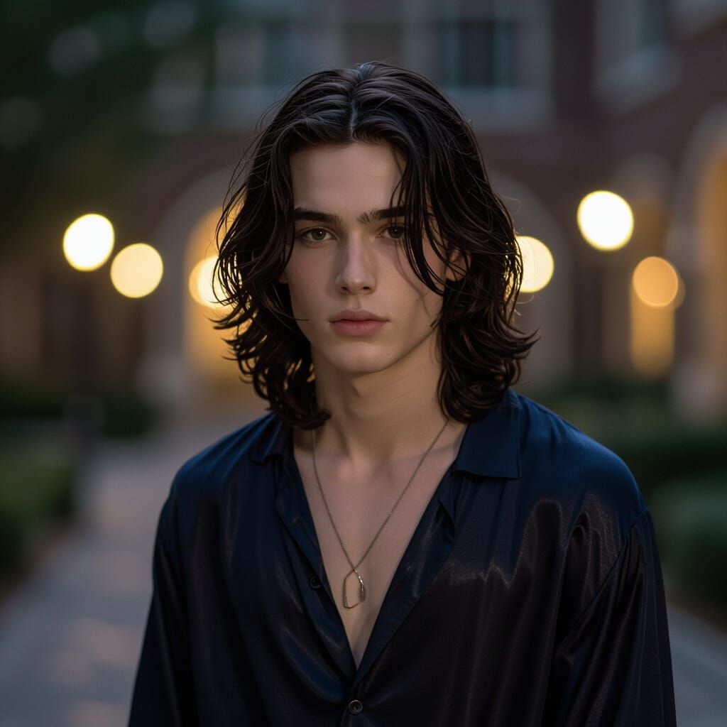 Teenage Guy in Lit Courtyard, Storybook Style