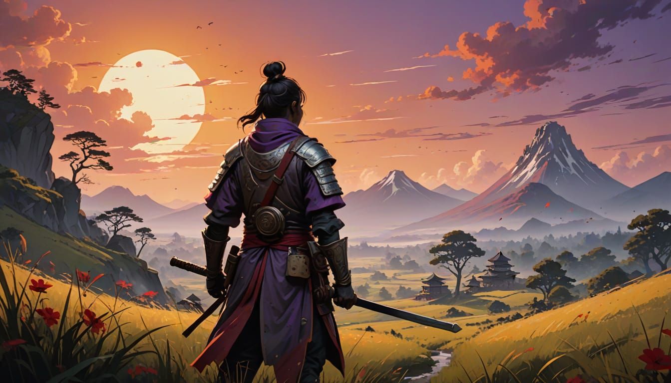 Tomoe Gozen in Sumi-e Style on Battlefield at Sunset