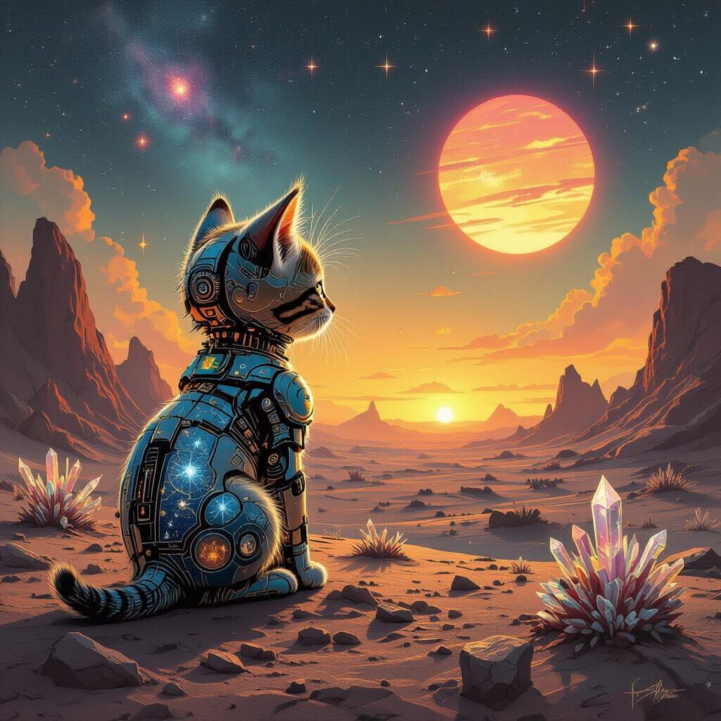 Cybernetic Kitten on Alien Planet With Binary Sunset