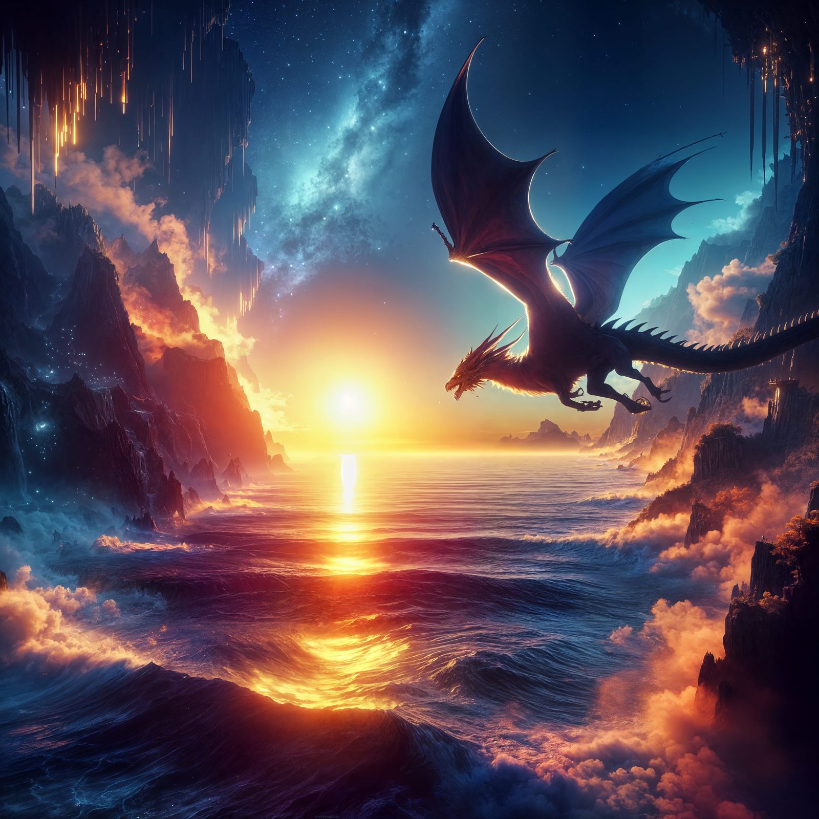 Dragon Soaring Over Dawn Seascape in Fantasy Concept Art