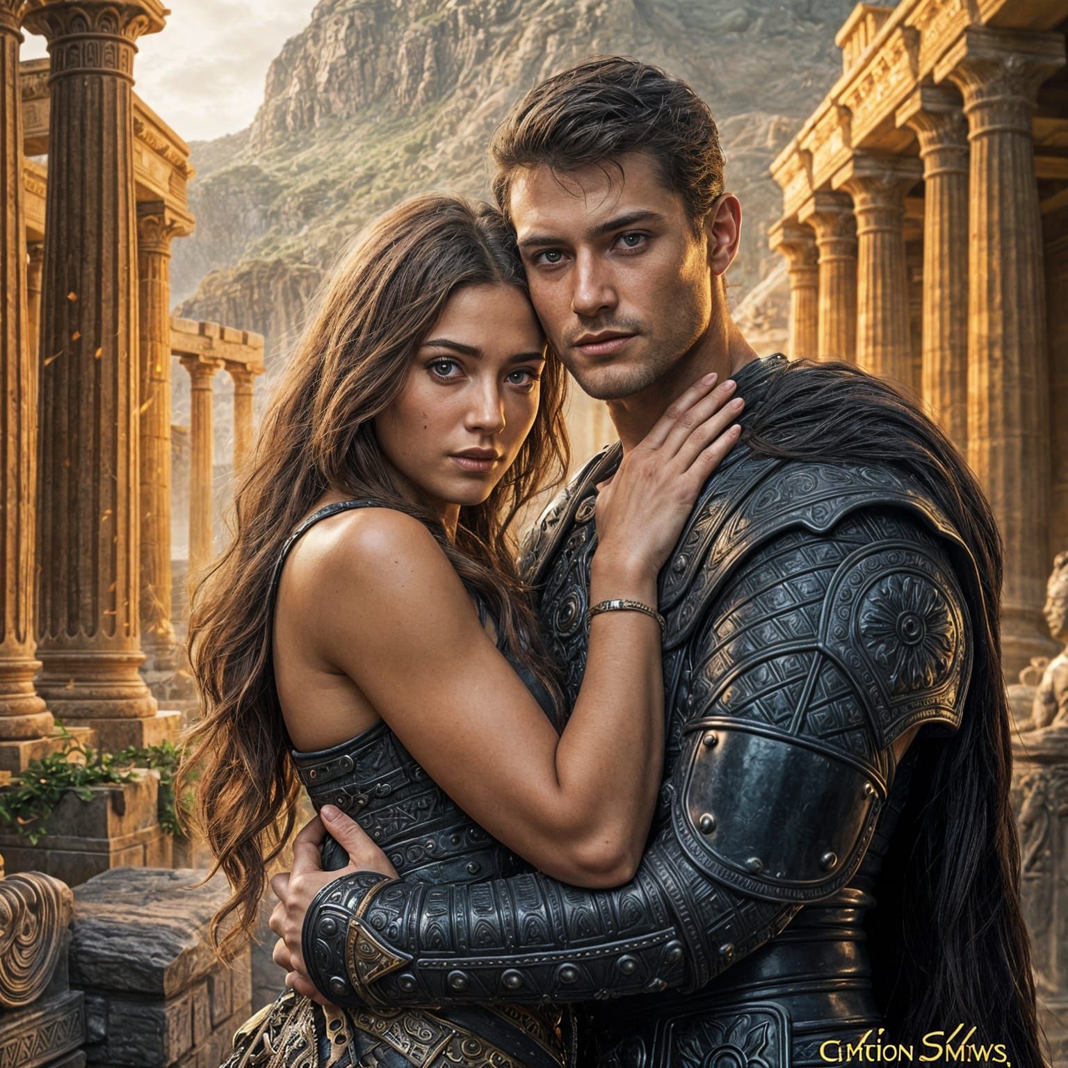 Ancient Greek Warrior and Woman Embrace