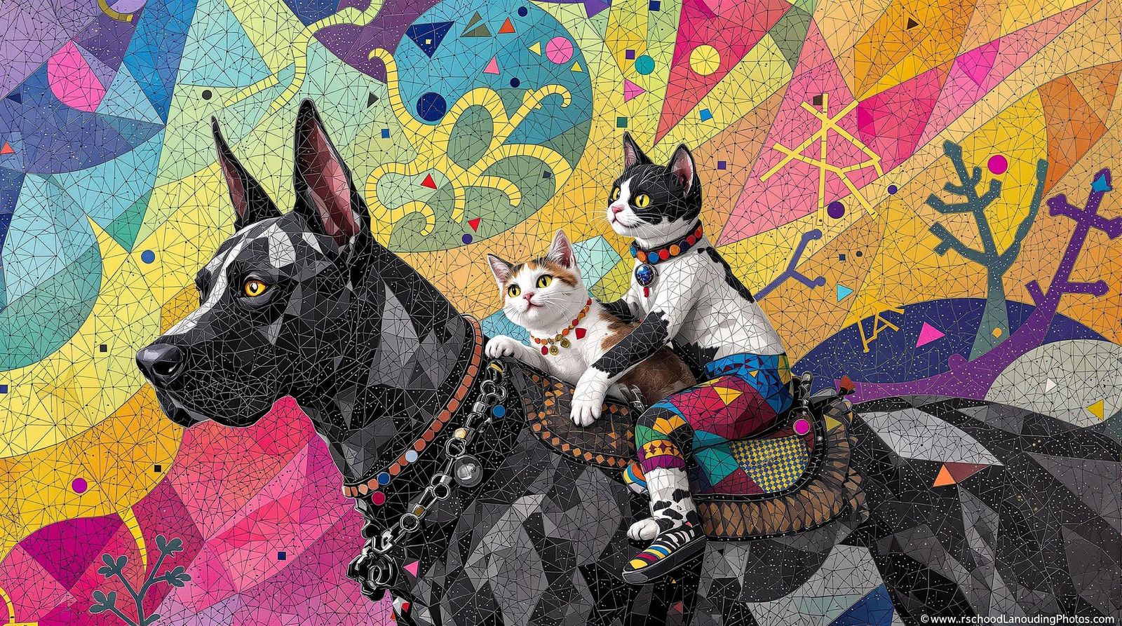Surreal Mosaic of Feline Canine Duo in Geometric Hyperrealis...