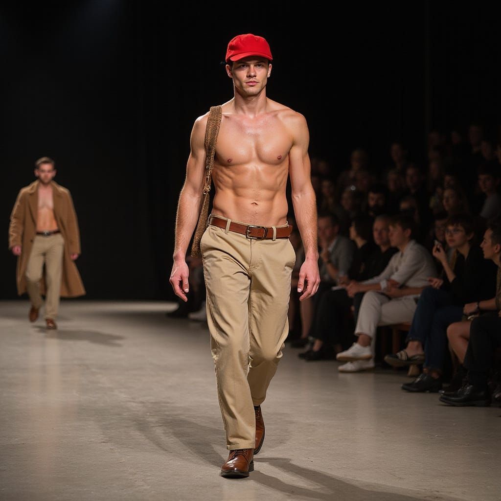 Brooding Male Model Walks the Catwalk in a Red Hunting Cap