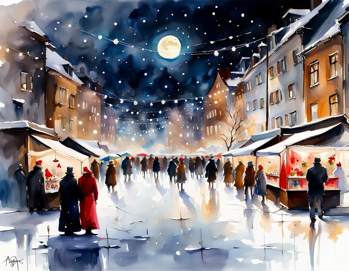 Festive Christmas Market by Frozen River in Watercolor