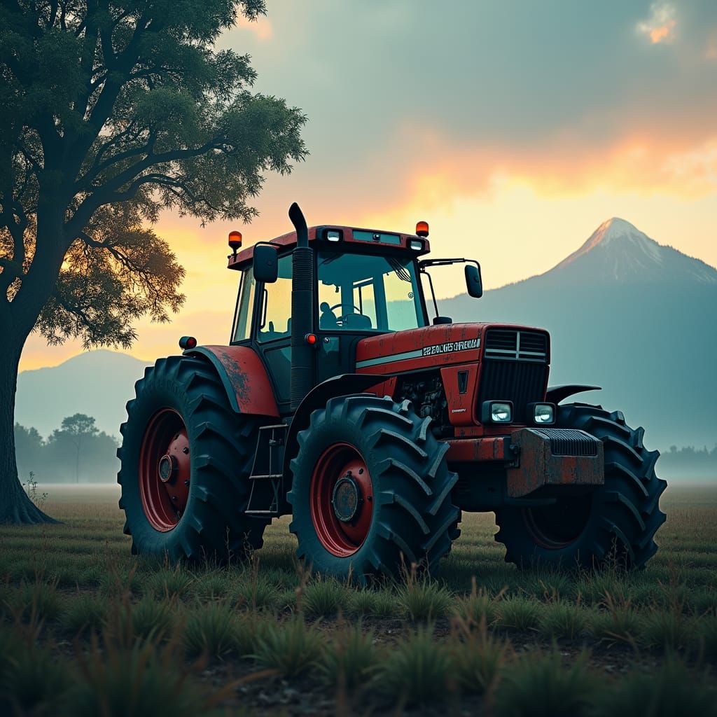 Dawn Tractor in Field: Matte Painting Style