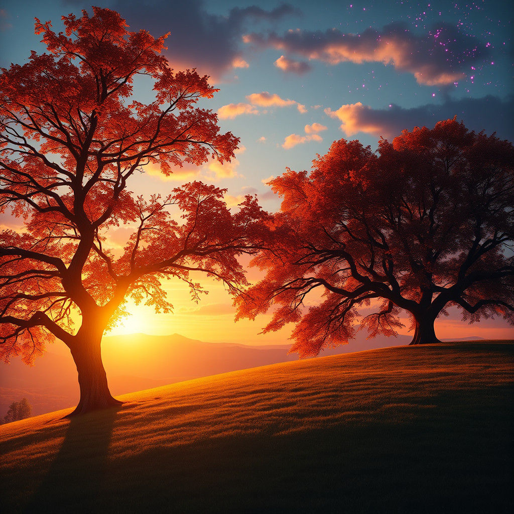 Enchanted Sunset Hillside: A Matte Painting