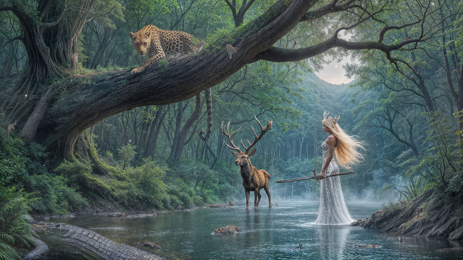 Mystical Forest Scene: Leopard, Deer, and Warrior Woman