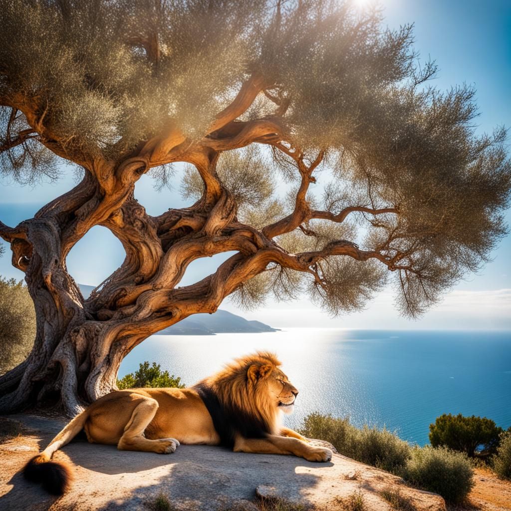 Golden Nemean Lion Sleeping Under Olive Tree