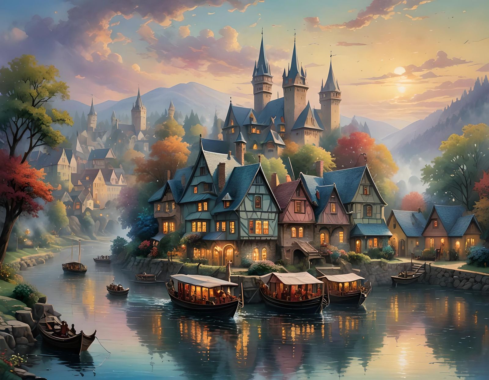 Riverboat Party at Sunset: Watercolor Fantasy