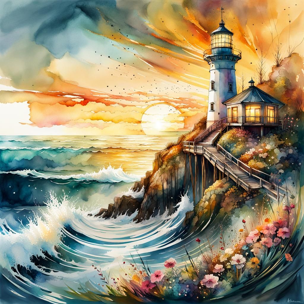 Golden Hour Lighthouse Seascape in Watercolor Style