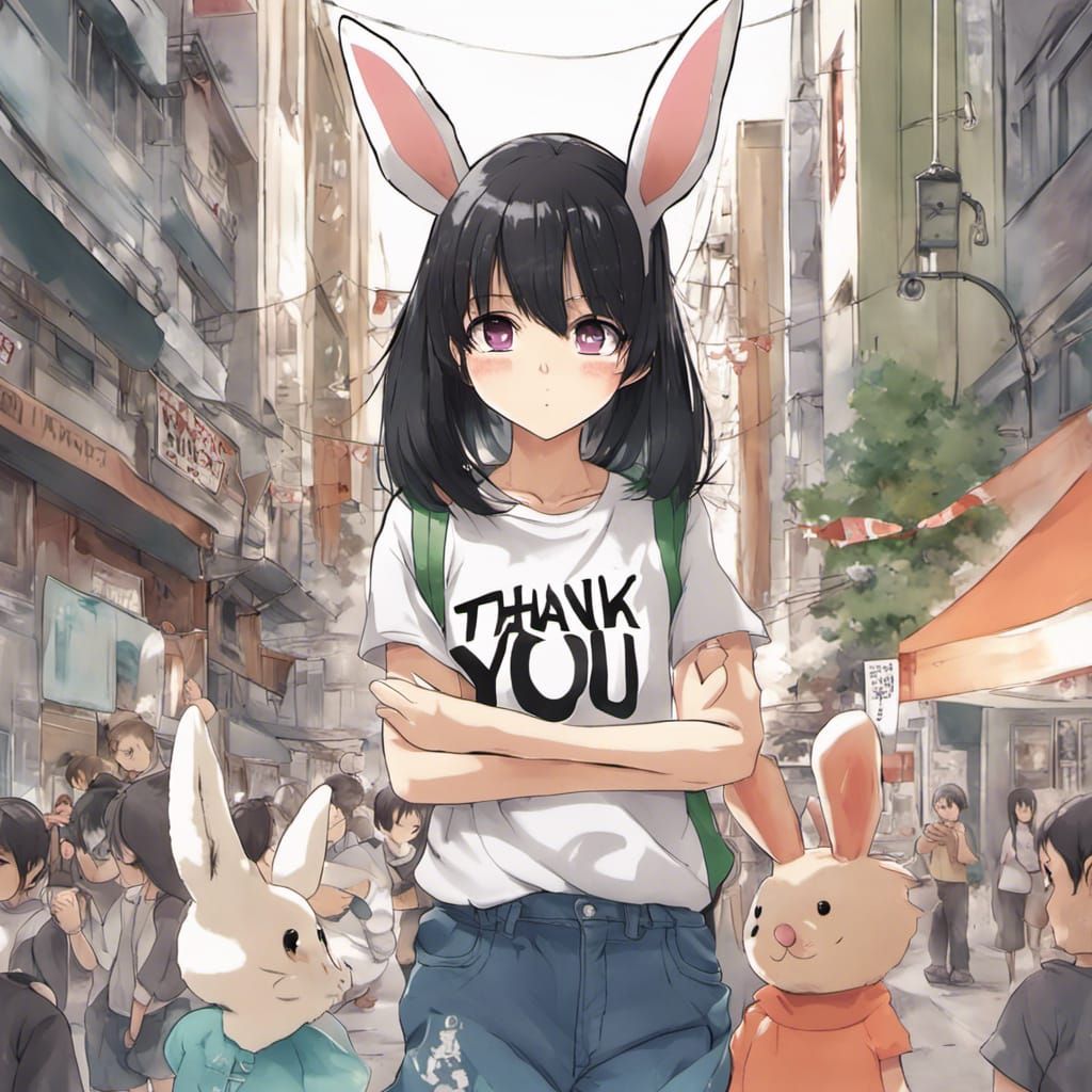 Anime Girl Holding Thank You Sign with Rabbit Shirt