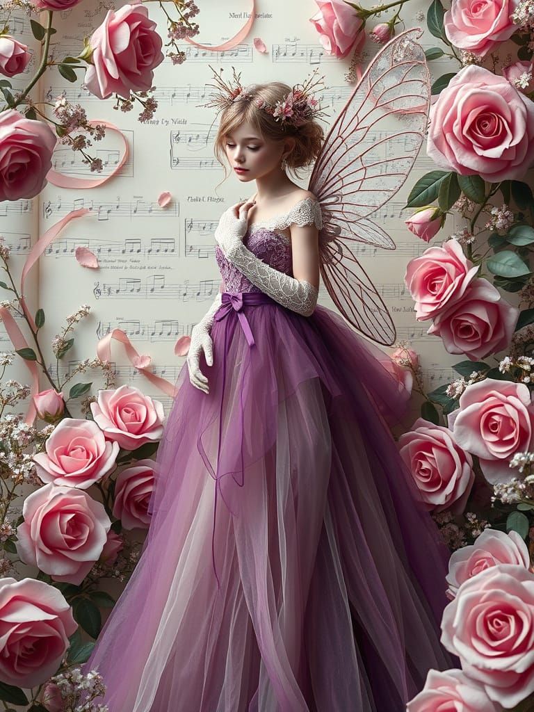 Grunge Fairy Amidst Whimsical Music Paper Landscape