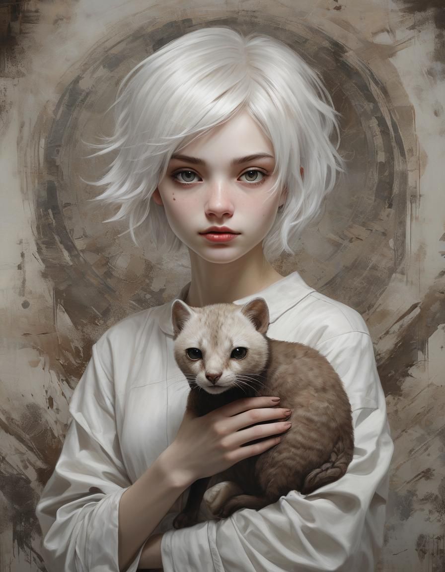 Girl Holding a Fossa: Detailed Atmospheric Painting