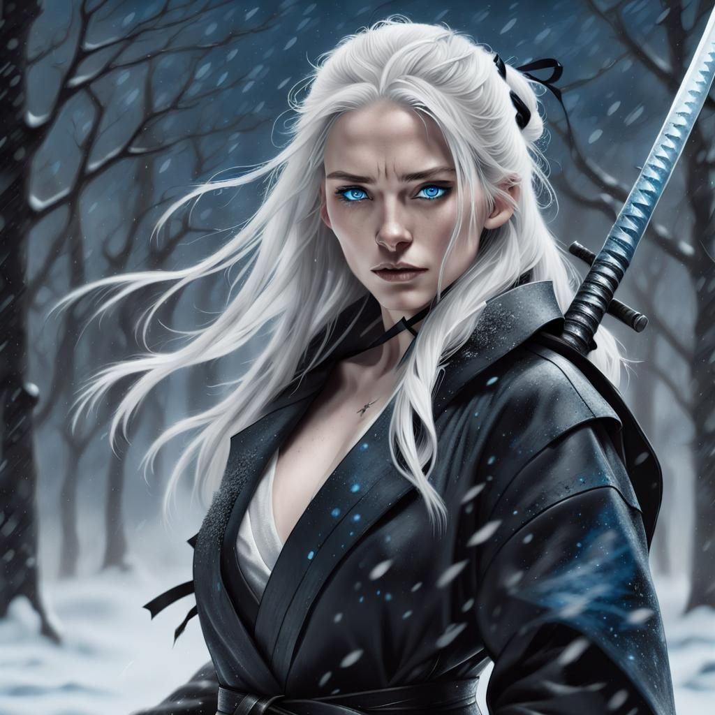 Snowstorm Katana: Dynamic Dark Fantasy Female Portrait