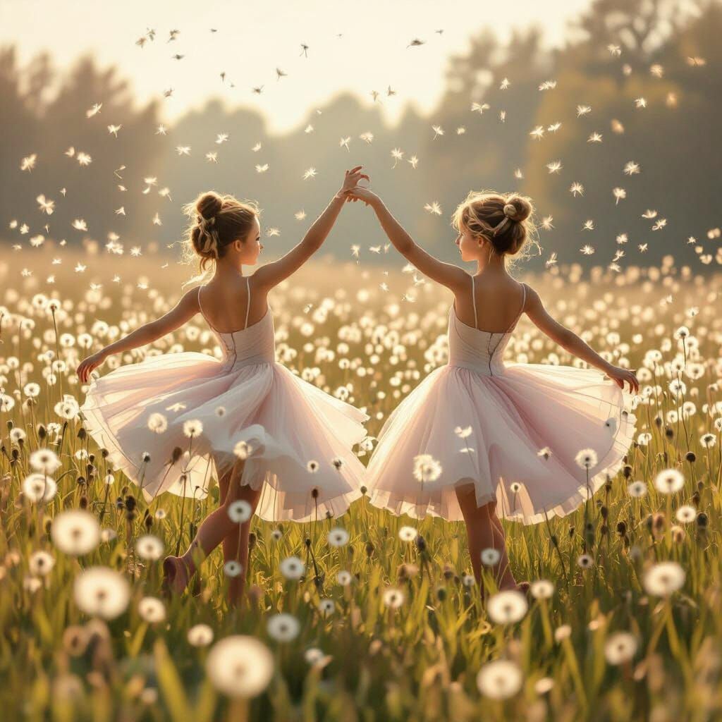Ballerinas Dancing in Dandelion Field: Mystical Black and Wh...