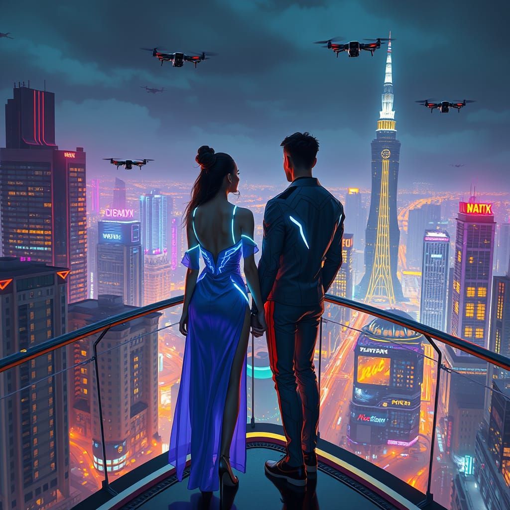 Cyberpunk Couple on Sky-Bridge in Neon City