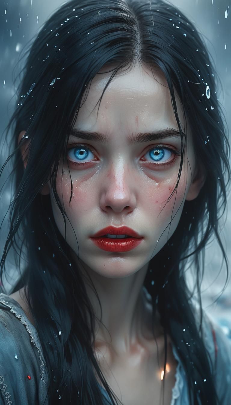 Famine-like Woman with Tears in Digital Portrait