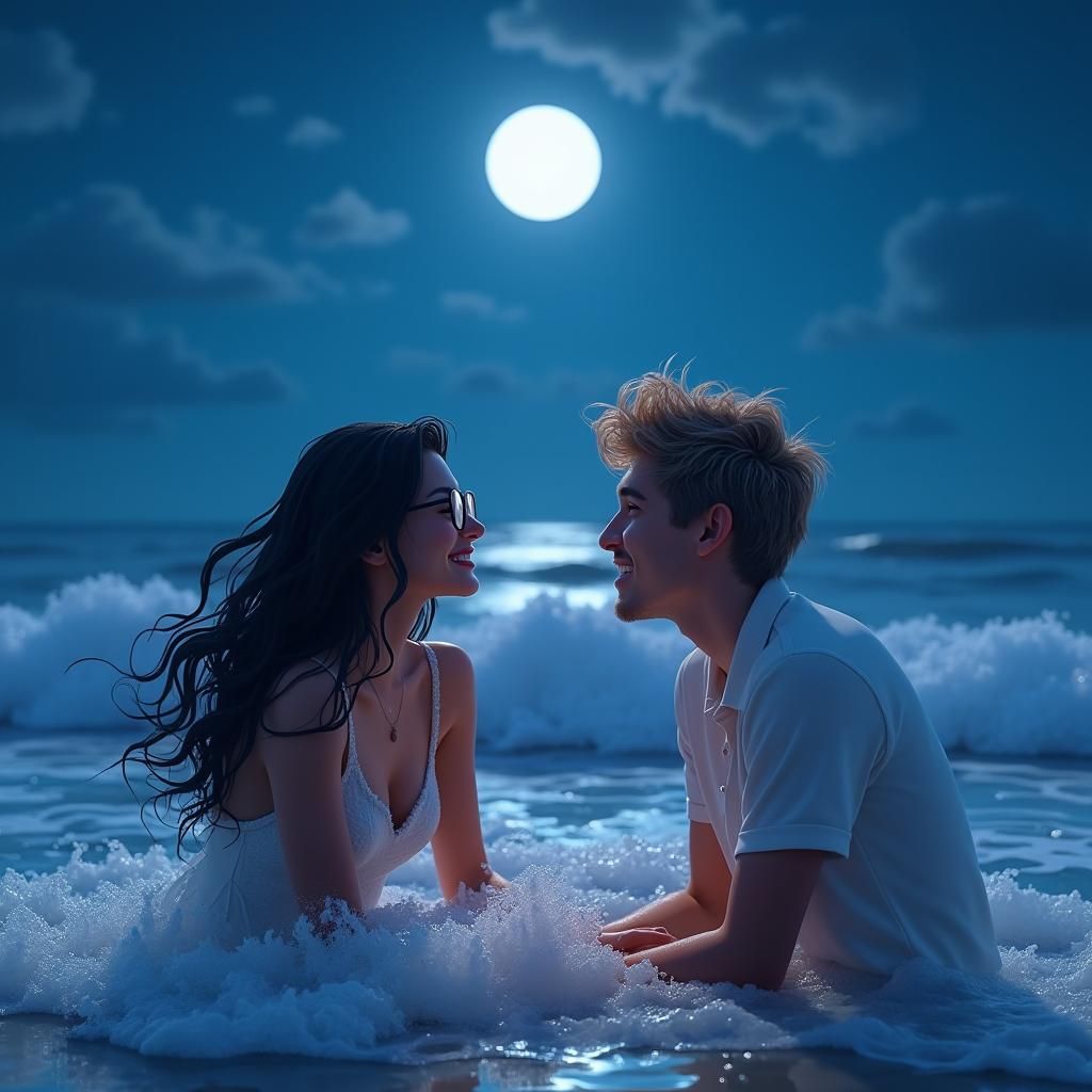 Woman Laughing in Moonlit Waves: Pixar-Inspired 3D Art