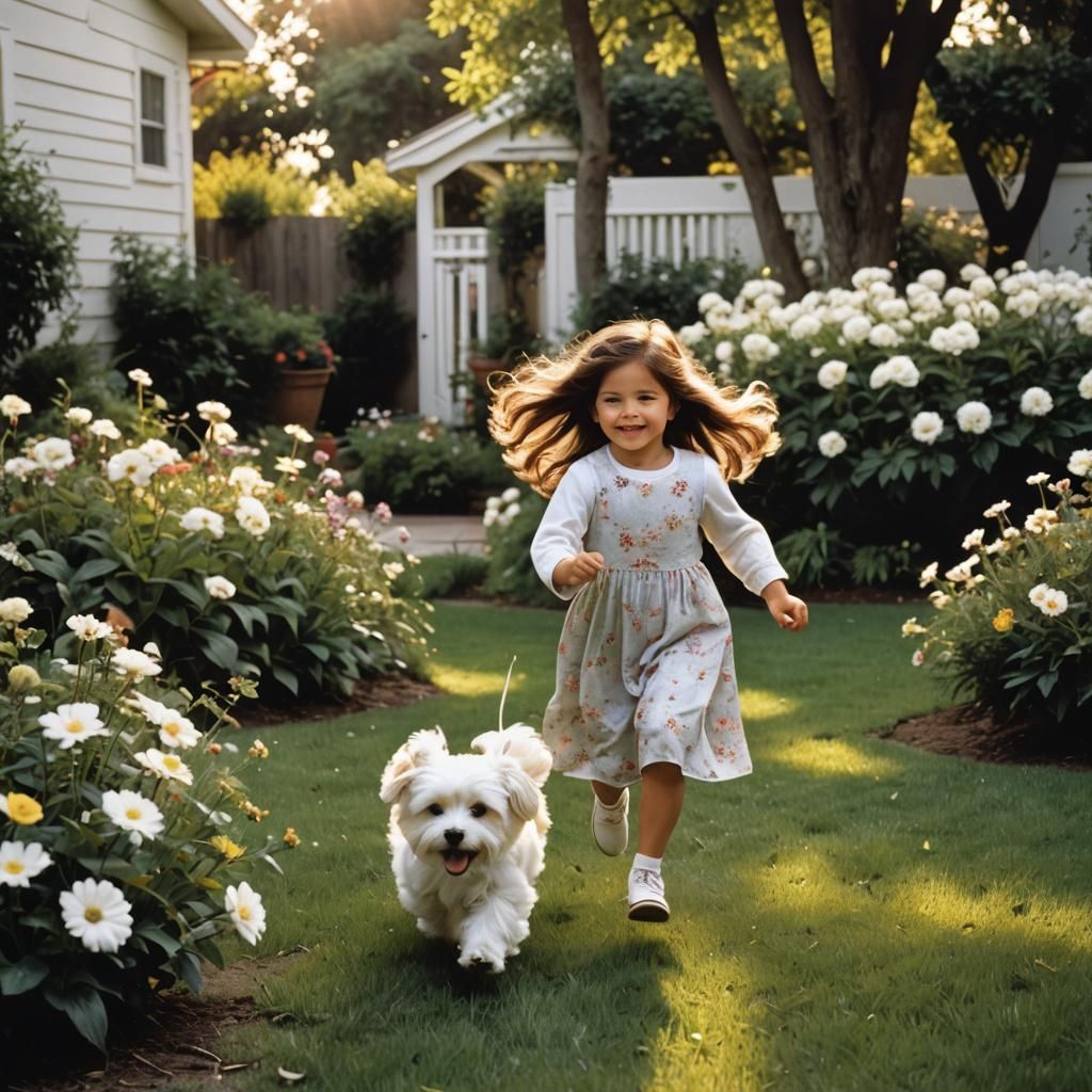 Girl Playing with Dog in Sunny Backyard