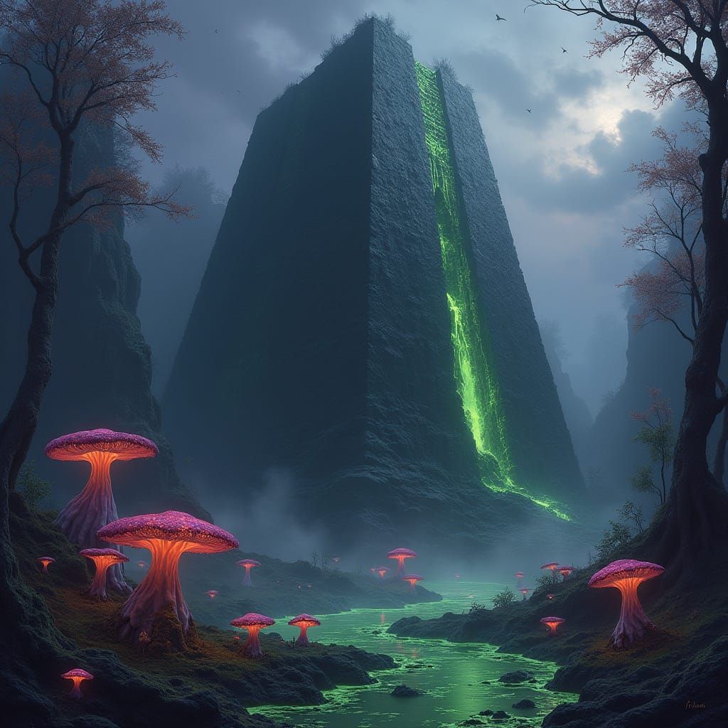 Obsidian Ziggurat in Bioluminescent Swamp, Dark Fantasy Art