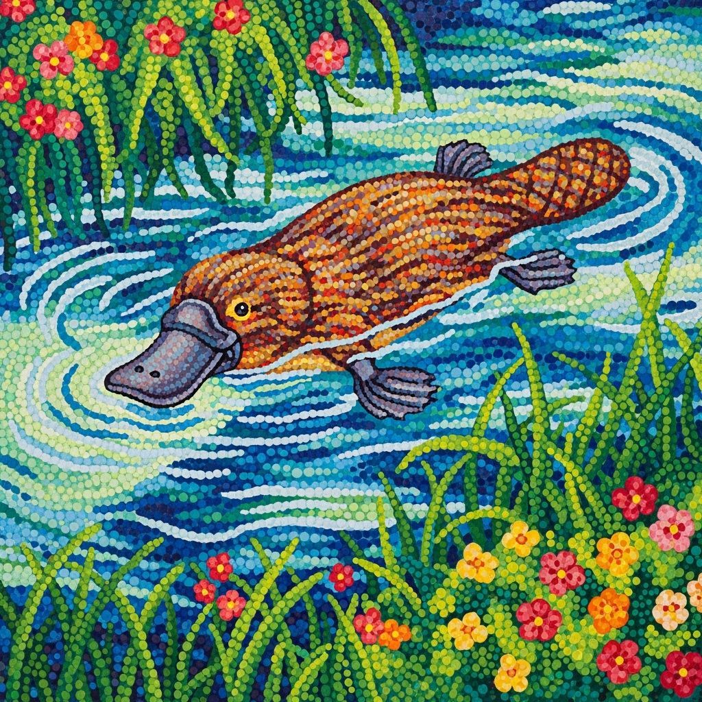 Pointillistic Platypus in Aquatic Scene