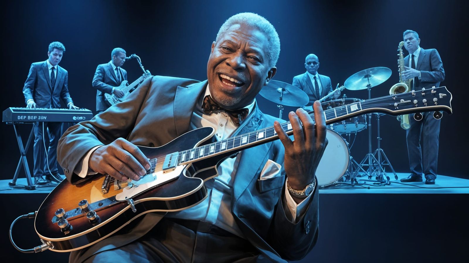 B.B. King Playing Guitar on Stage in Cinematic Style