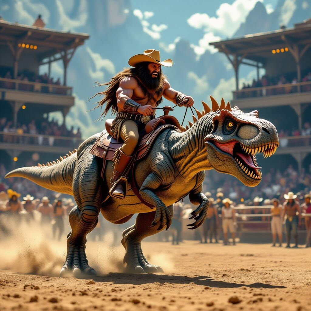 Neanderthal Cowboys Ride Dinosaurs in Prehistoric Rodeo