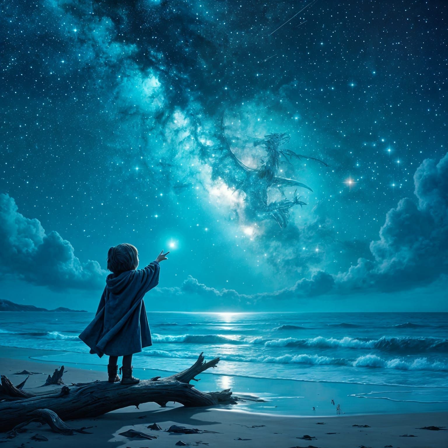 Mythic Sea-Dragon Constellation Mirrored on Calm Sea