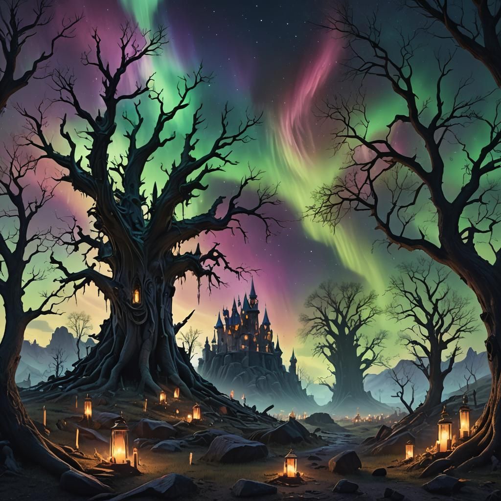 Eerie Encounter Under Aurora Lights: Fantasy Concept Art