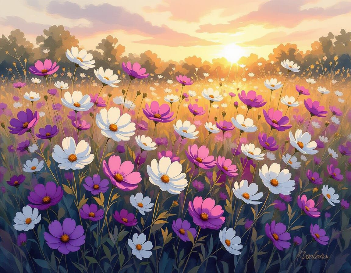 Cosmos Bushes in Golden Hour: Watercolor Painting