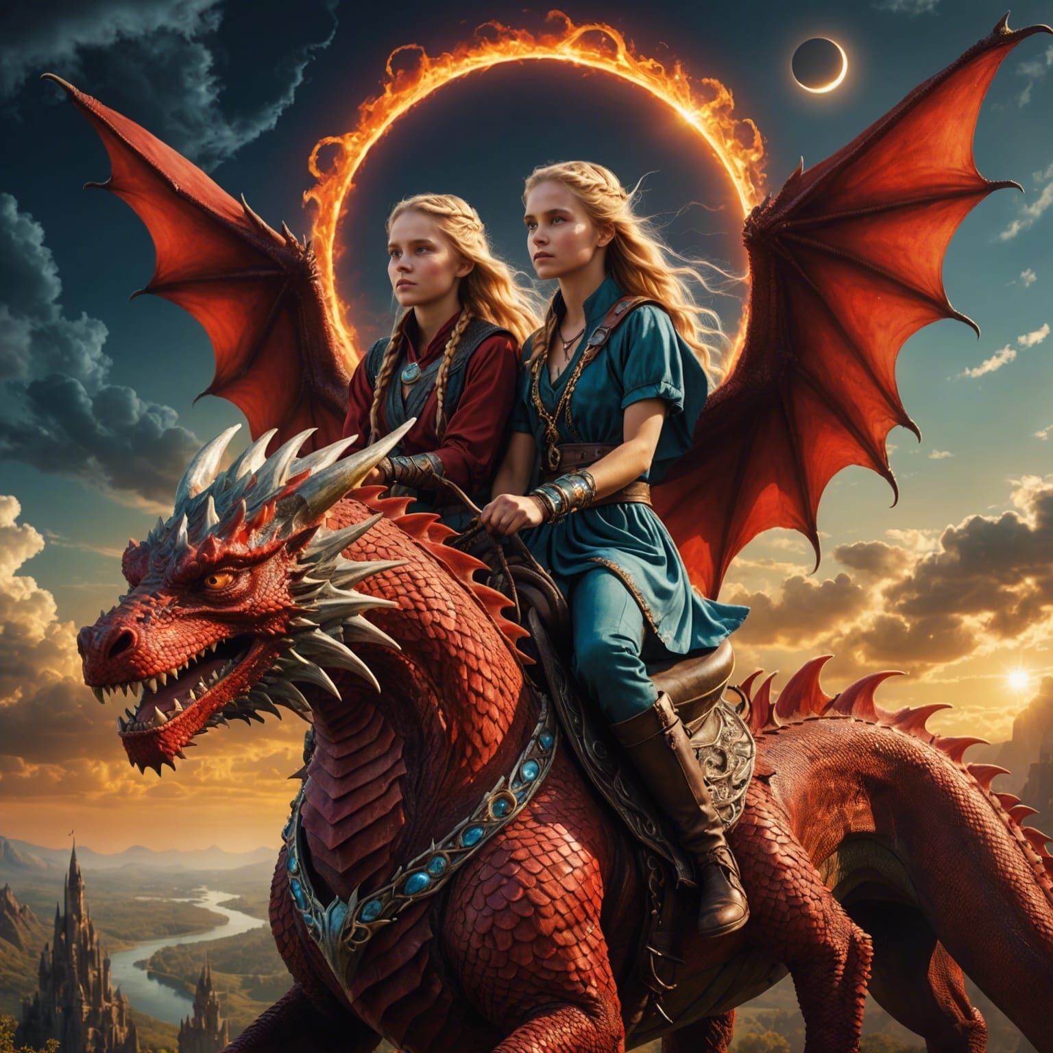 Twins Ride a Red Dragon During Solar Eclipse