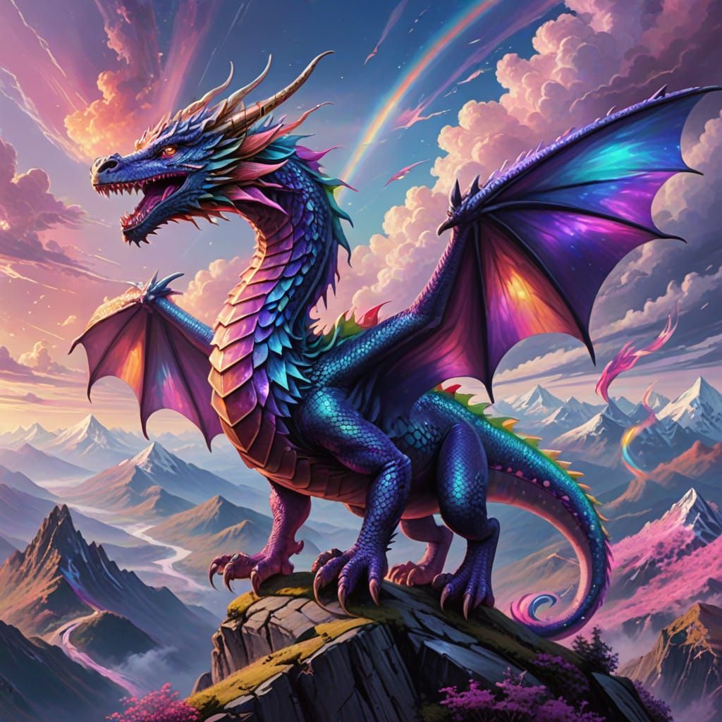 Holographic Rainbow Dragon Soars Over Majestic Mountains
