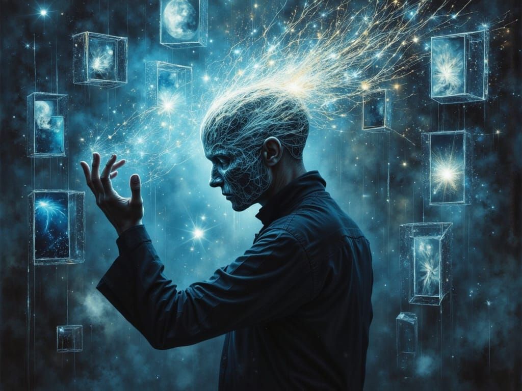 Interdimensional Figure Reaching Holographic Images