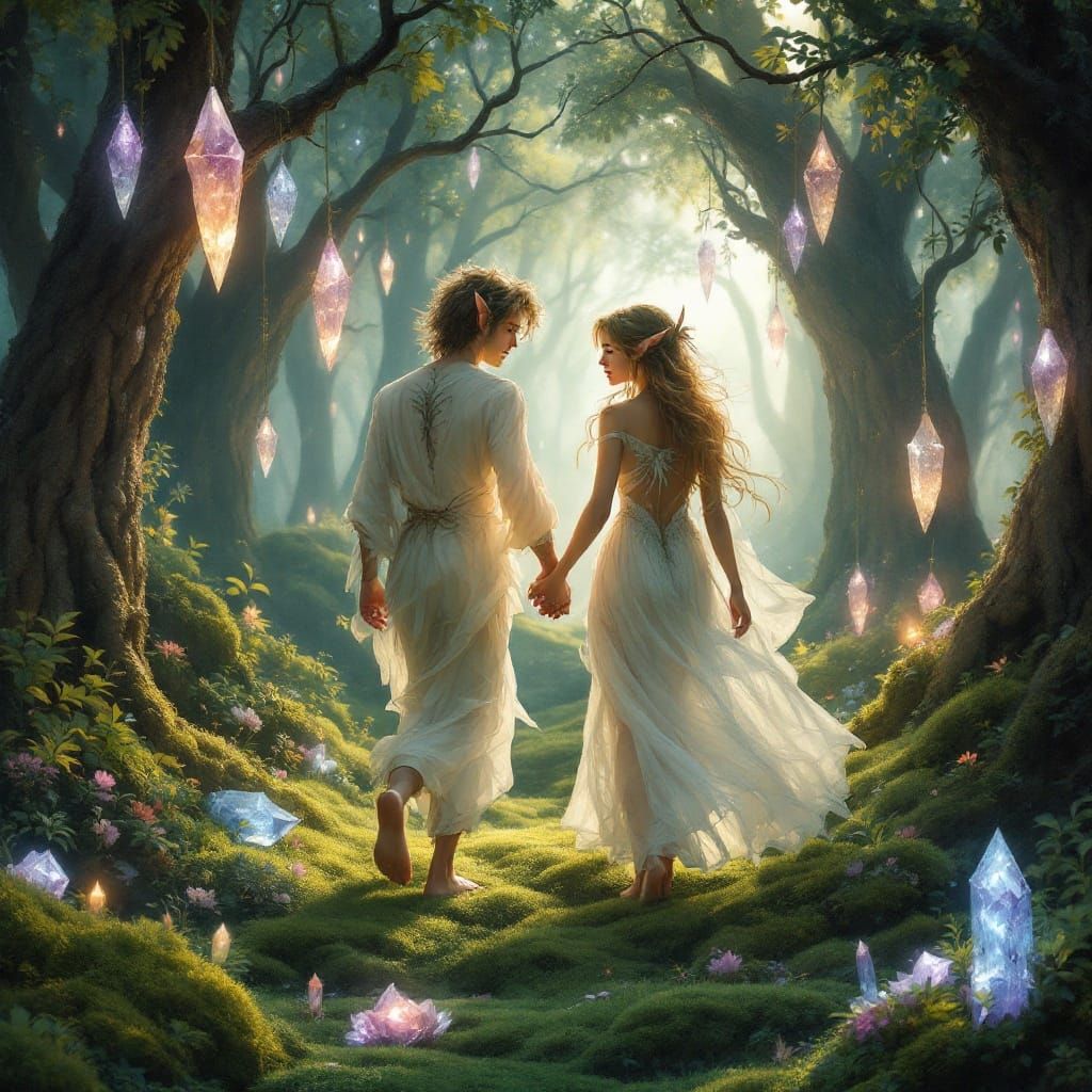 Elfin Lovers Stroll through a Whimsical Forest Glade