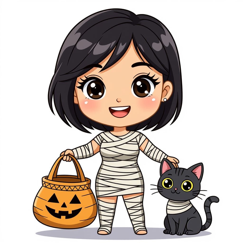 Cute Mummy Sticker With Cat - Thai Woman Halloween Art
