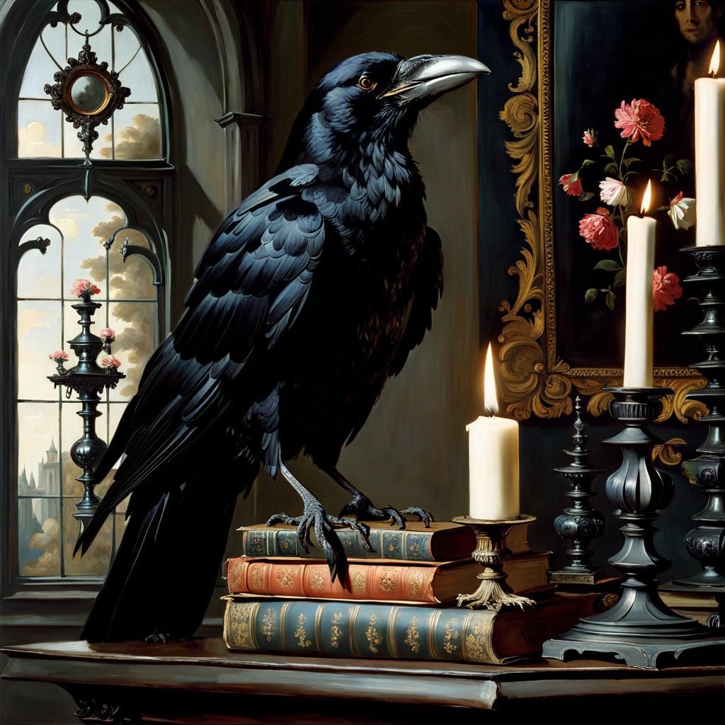 Gothic Dark Academia Still Life with Crow