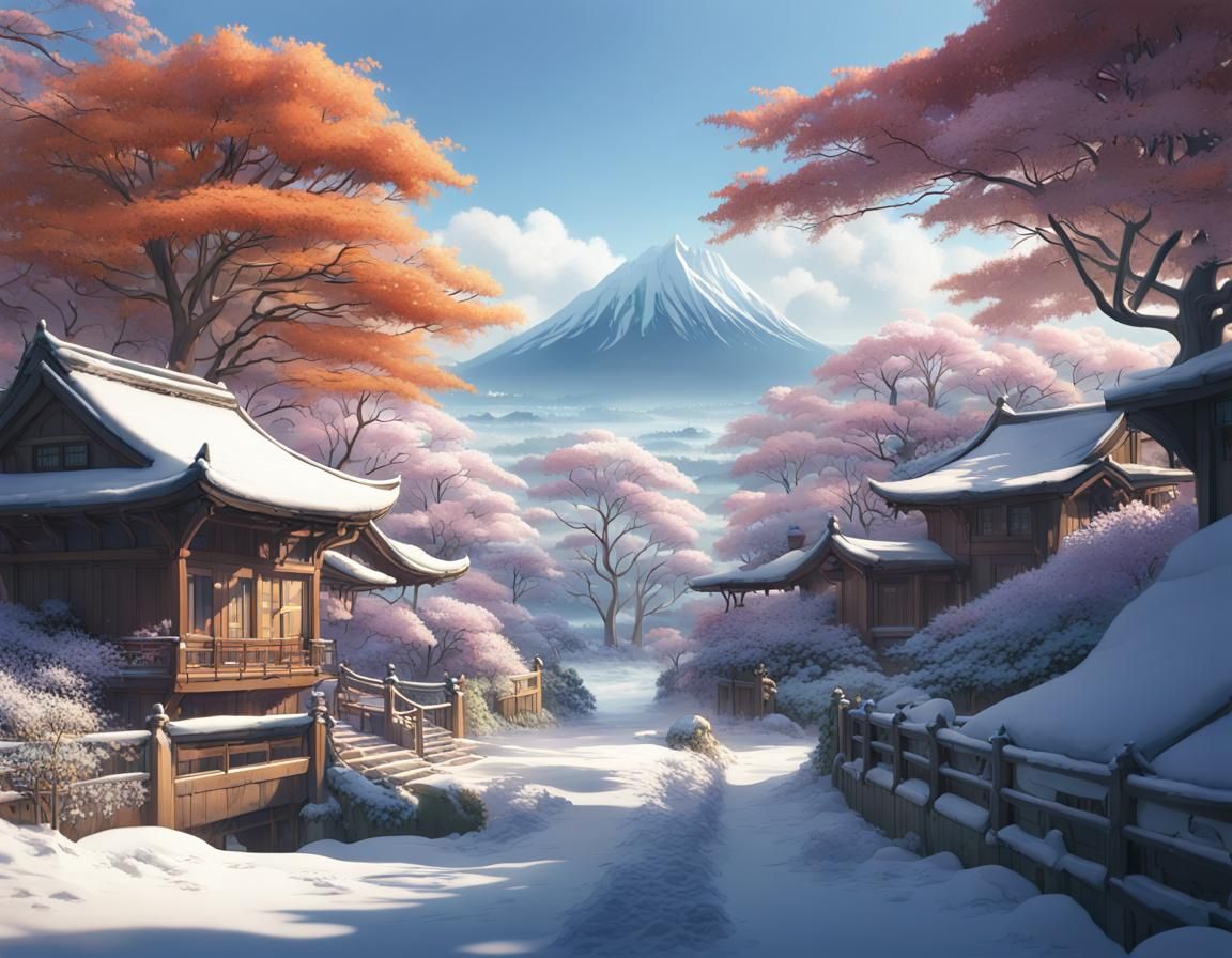 Winter Zen Garden Village in Anime Style