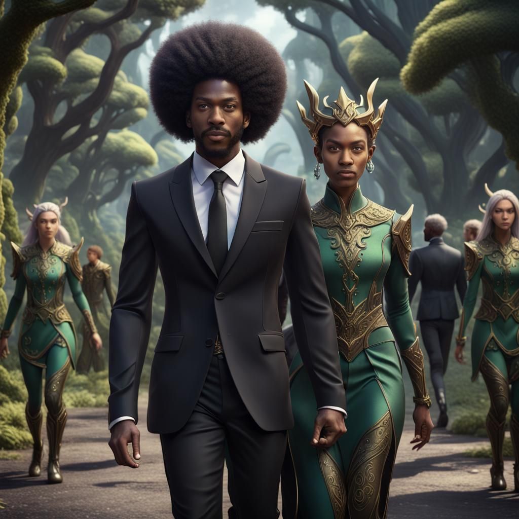 Black Man with Elves in Detailed Fantasy Art
