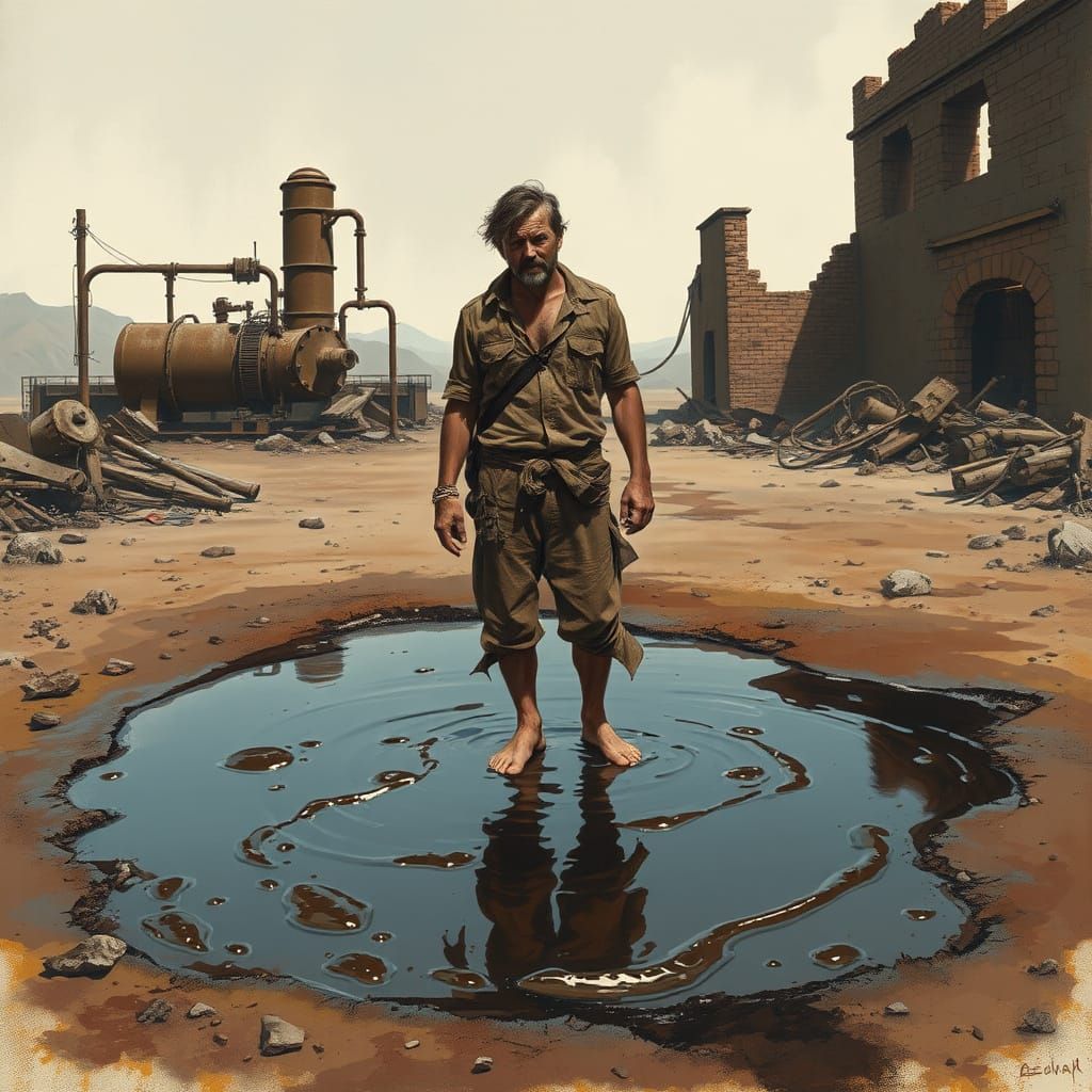 Man Trapped in Dark Tar Puddle in Desolate Industrial Landsc...