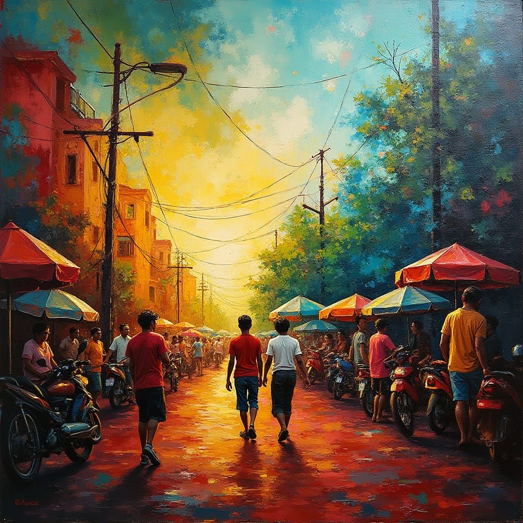 Vibrant Betawi Culture Mural in Neo-Impressionist Style