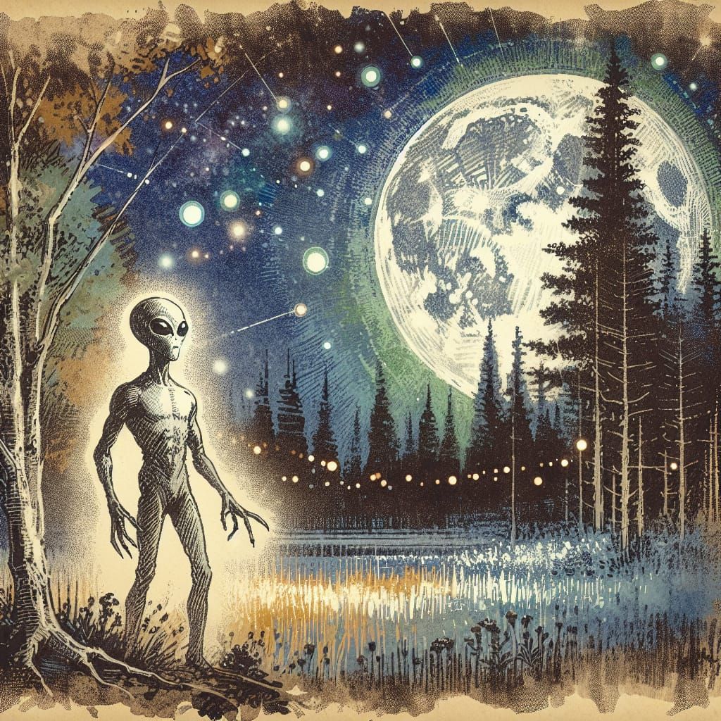 Martian in Forest Clearing as Pen and Ink Drawing