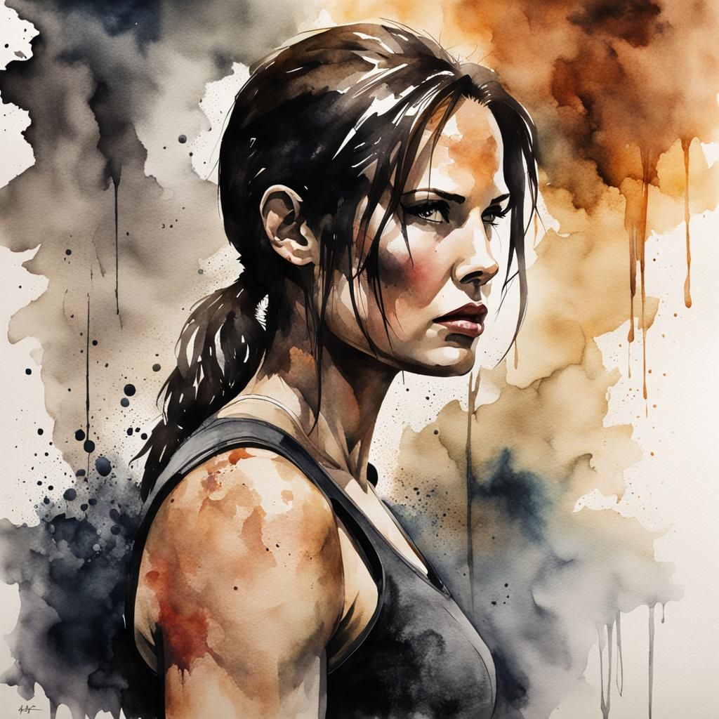 Lara Croft: Dark Watercolor Portrait of Experience