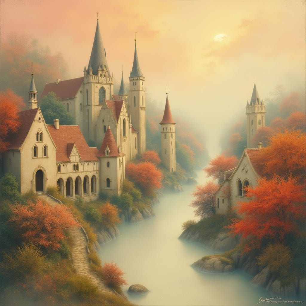 Ethereal Art Deco Hamlet in Fog