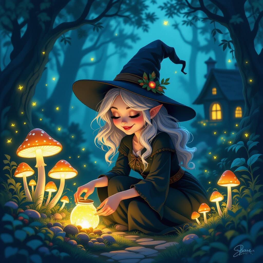 Enchanting Witch Tends Bioluminescent Mushroom Garden