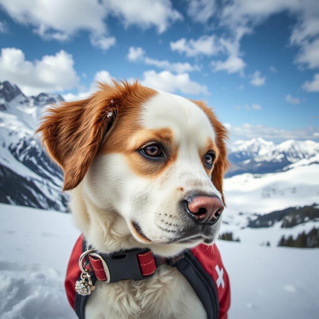 Whimsical Dog Portrait in Swiss Alps Snowstorm