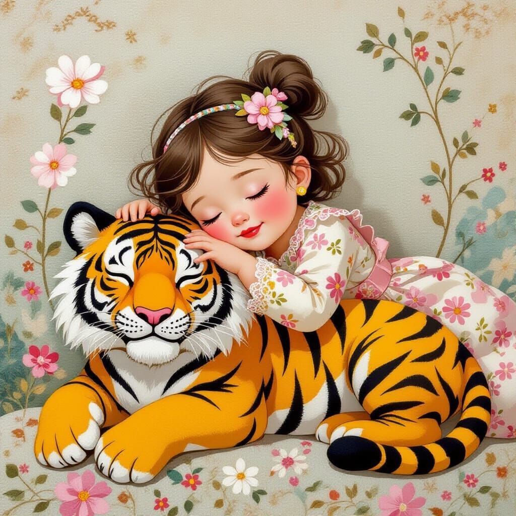 Sleeping Baby on Felt Tiger in Whimsical Embroidered Style