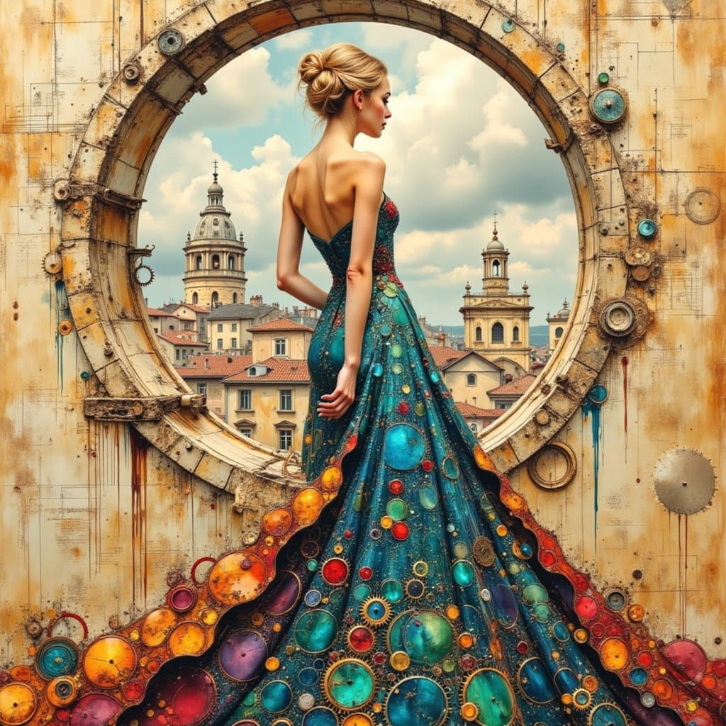 Steampunk Woman in Iridescent Clockwork Gown