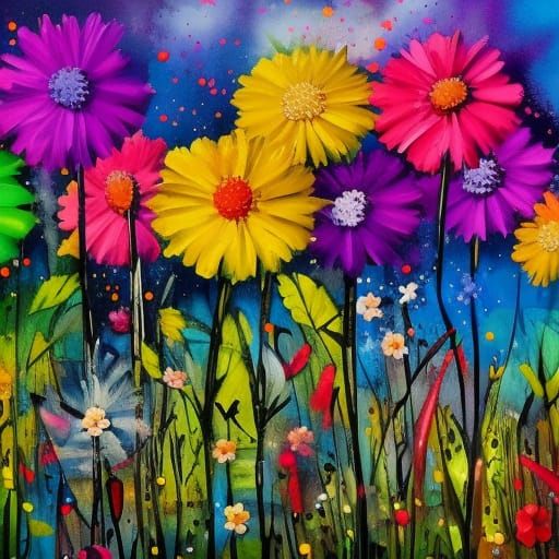 Beautiful flower meadow graffiti art, splash art, street art, spray paint, oil gouache melting, acrylic, high contrast, ...