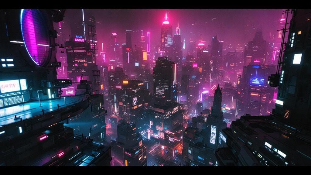 Neon Cyberpunk Cityscape at Night in Film Still